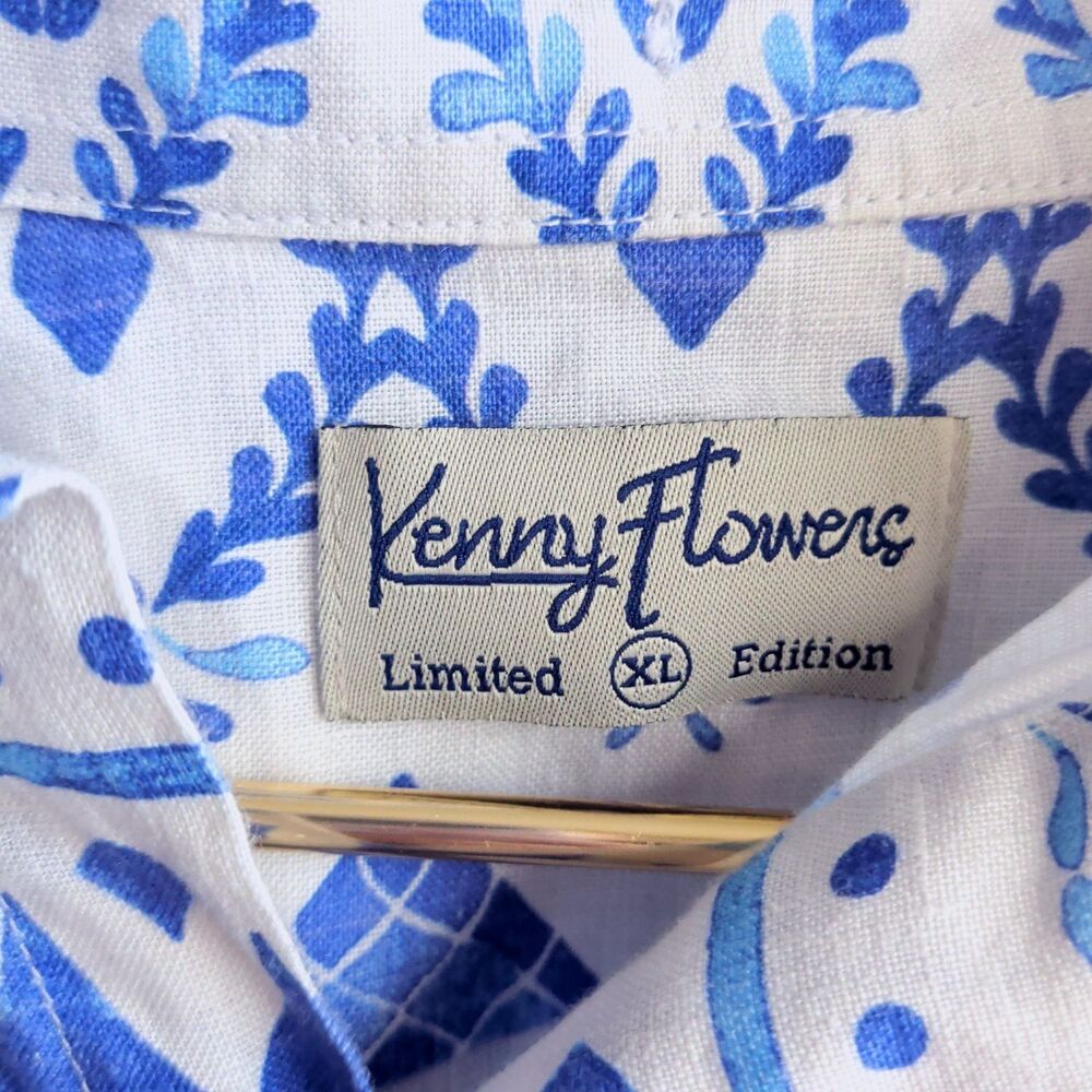 KENNY FLOWERS Blue & White Button Up Shirt Size XL The Espana Linen Beach Resort - Picture 7 of 9